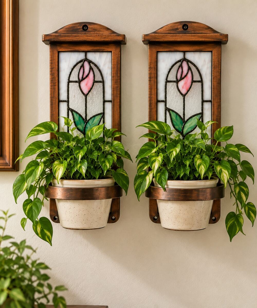 Stained Glass Rose Wall Planters Metal Hanging Pot Holders Vintage Pair 5x12